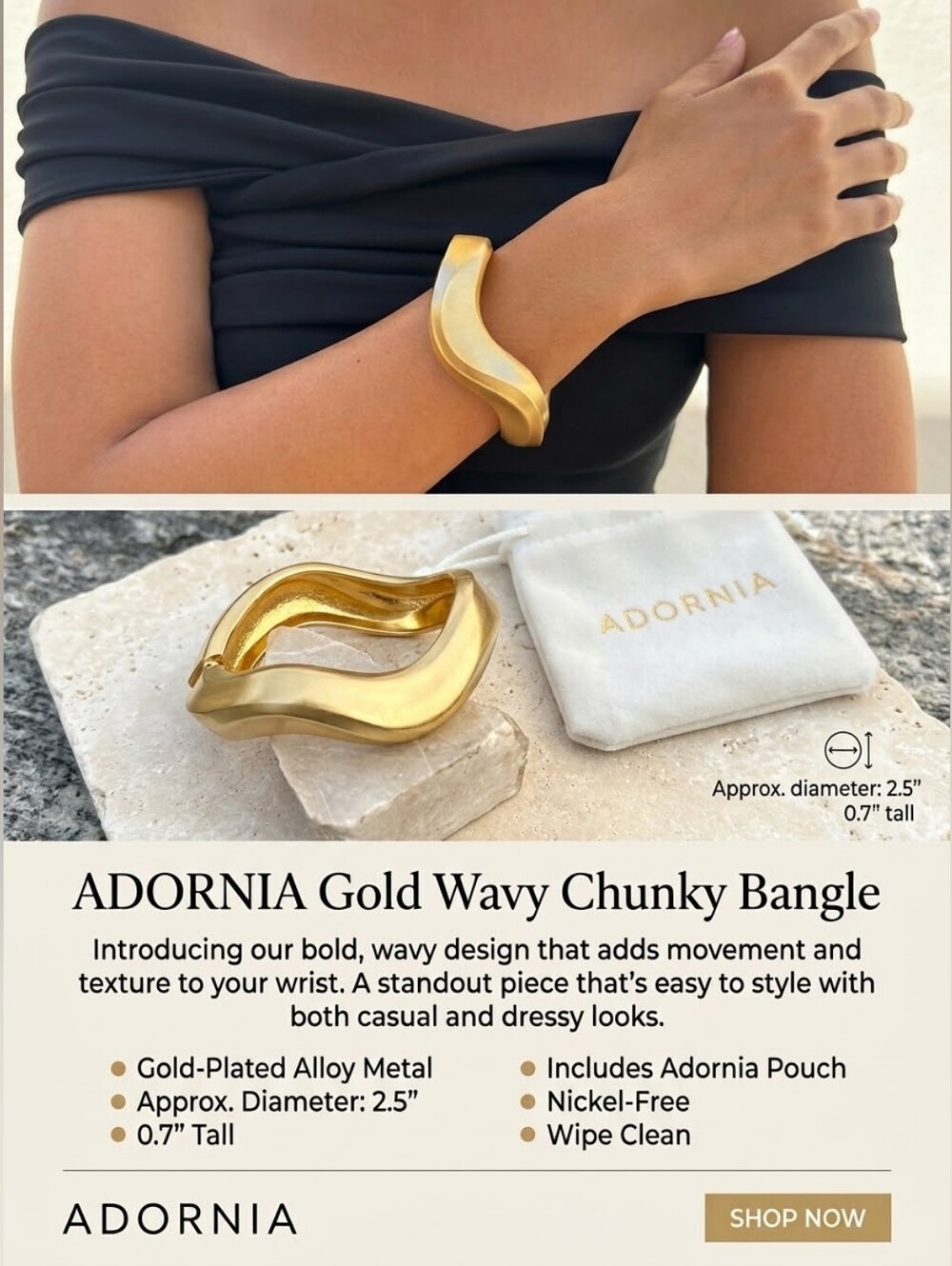 Adornia, Sleek Gold-Tone Wavy Chunky Bracelet, NWT
